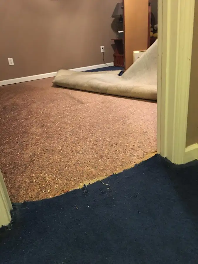 Carpet pad removal revealing water damage during Drying & Dehumidification in Poland